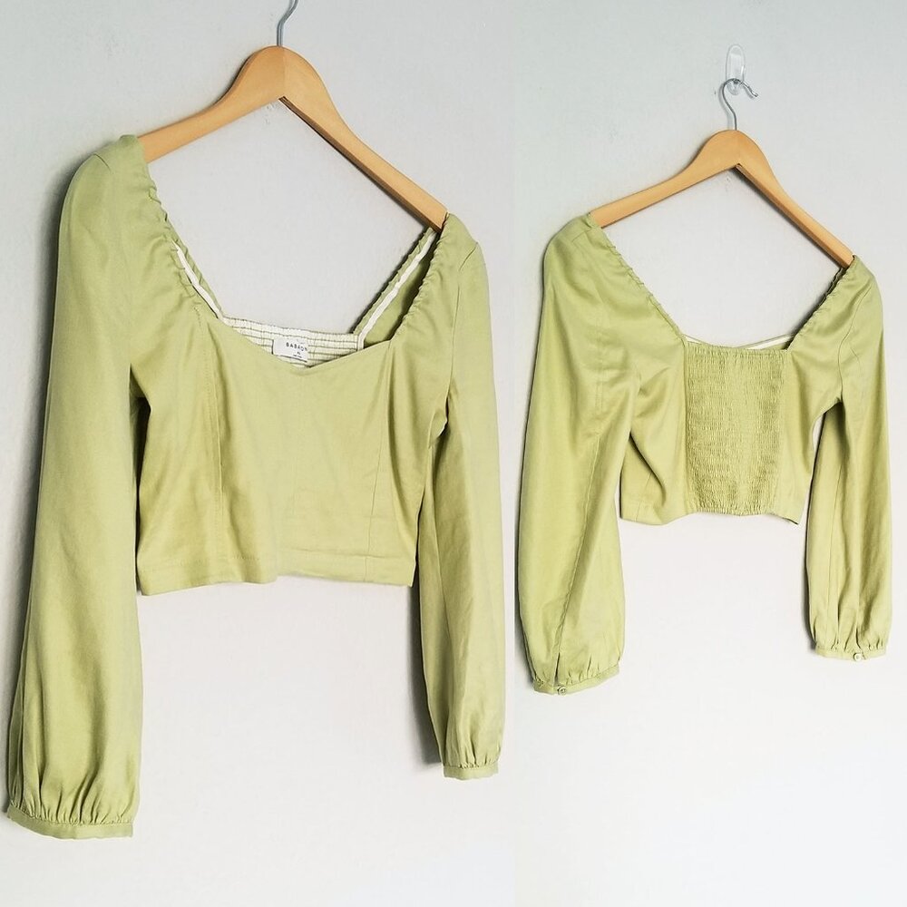 Babaton Aritzia Hadwyn Sweetheart Cropped Smocked Blouse Top Pistachio Green XS